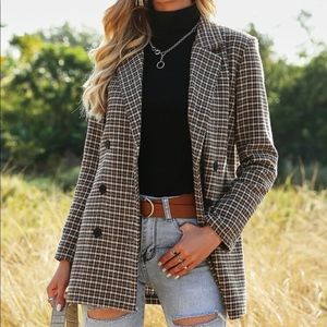 Wool Mix Plaid Double Breasted Blazer
